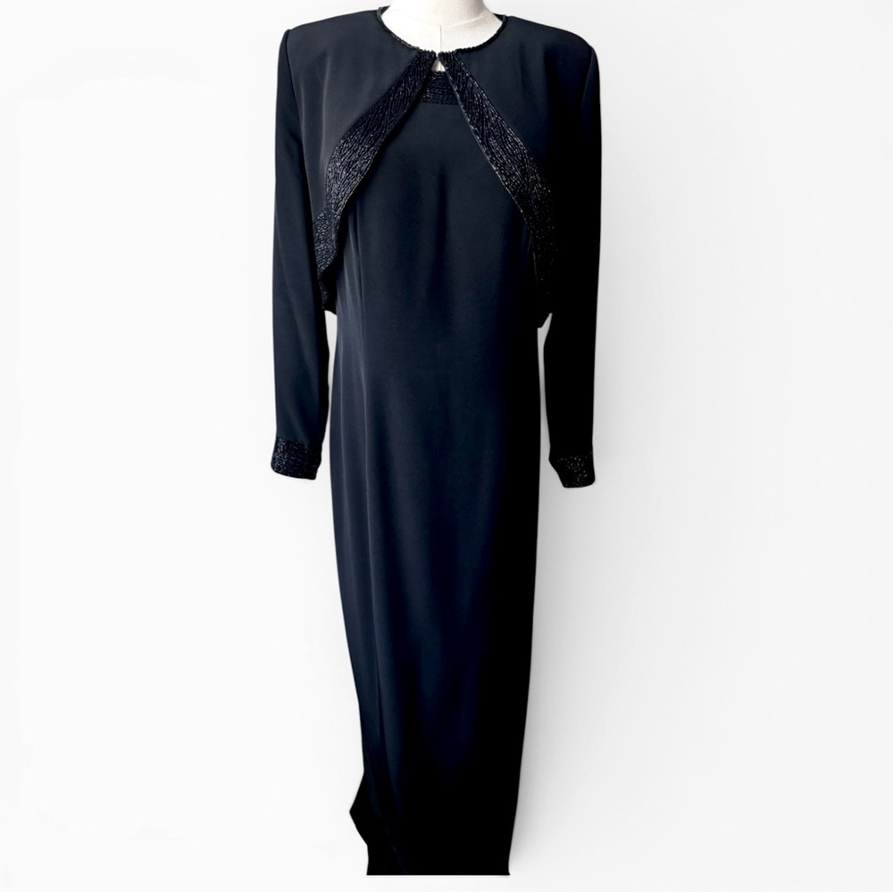 Vintage Montage By Mon Cheri Jet Black Evening Beaded Formal Gown Jacket Set  14